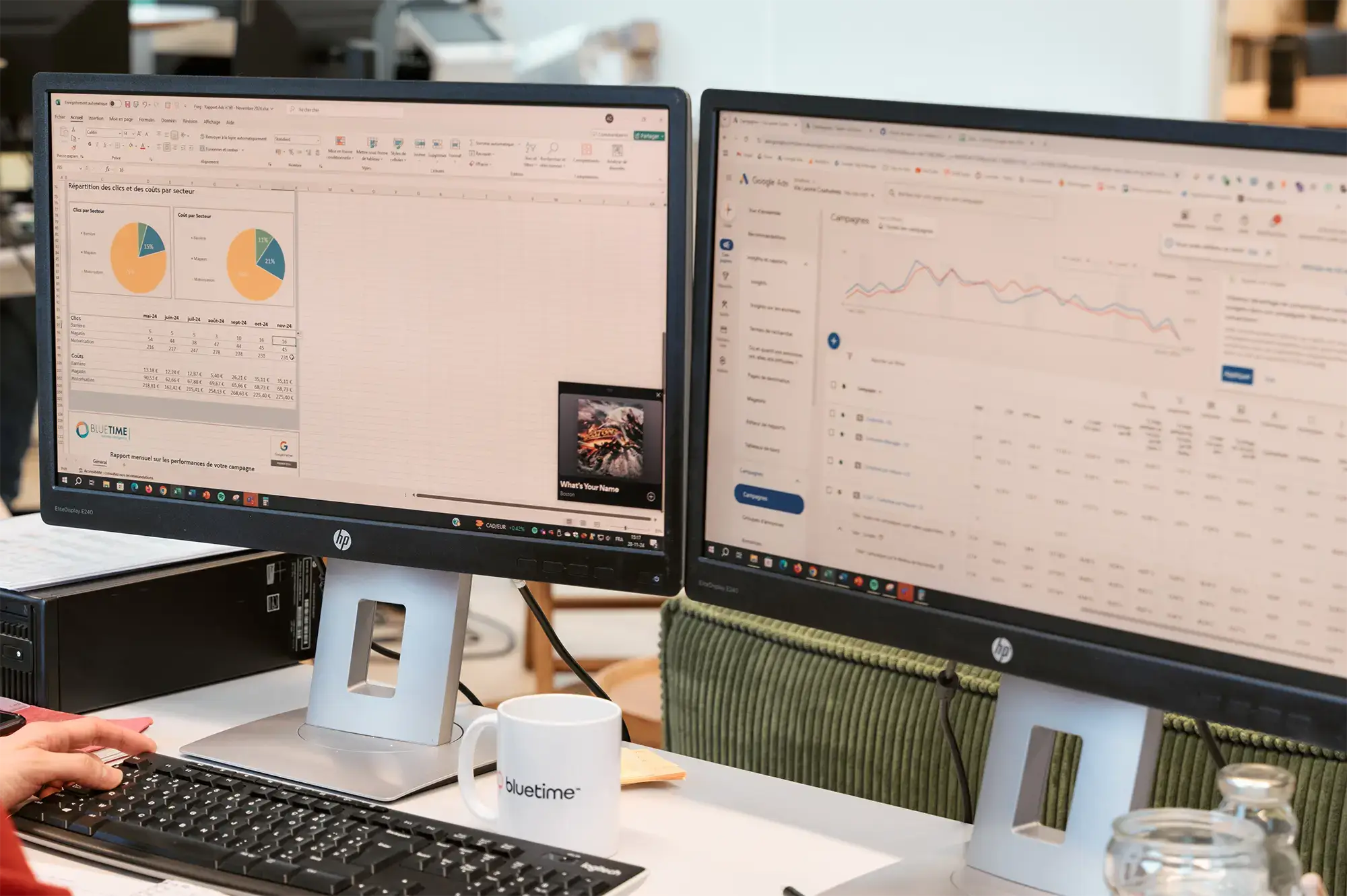 Zoom in on two screens displaying graphs and data to be analysed