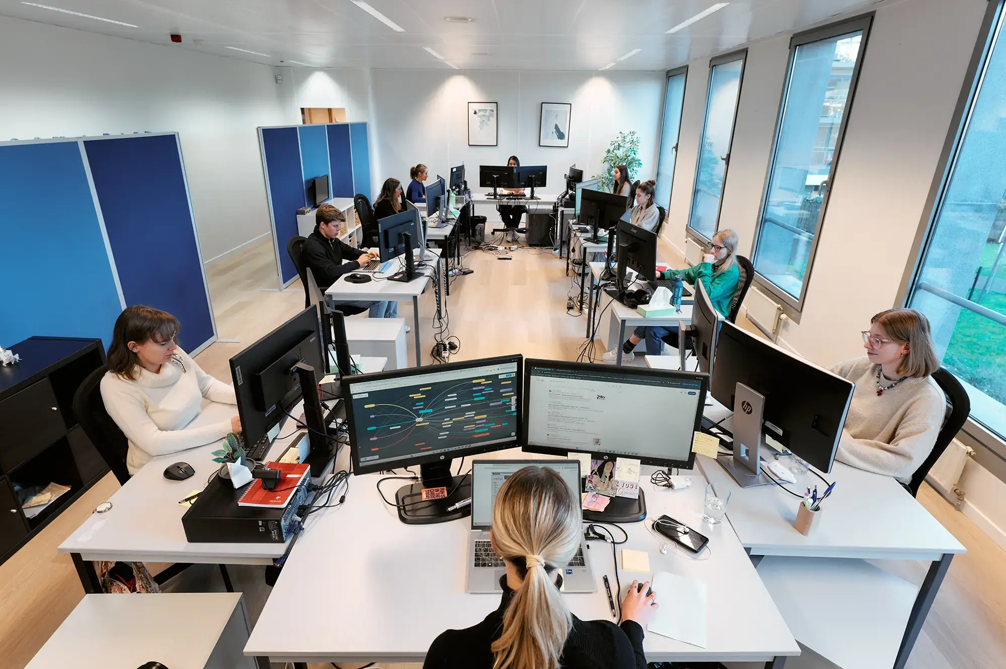 View of the ten occupied offices in the open-plan Production area