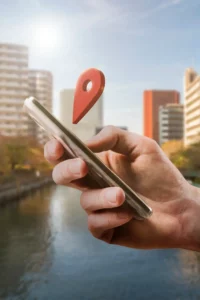 Une main tient un smartphone duquel sort une icône de géolocalisation, avec un paysage urbain et un canal en arrière-plan