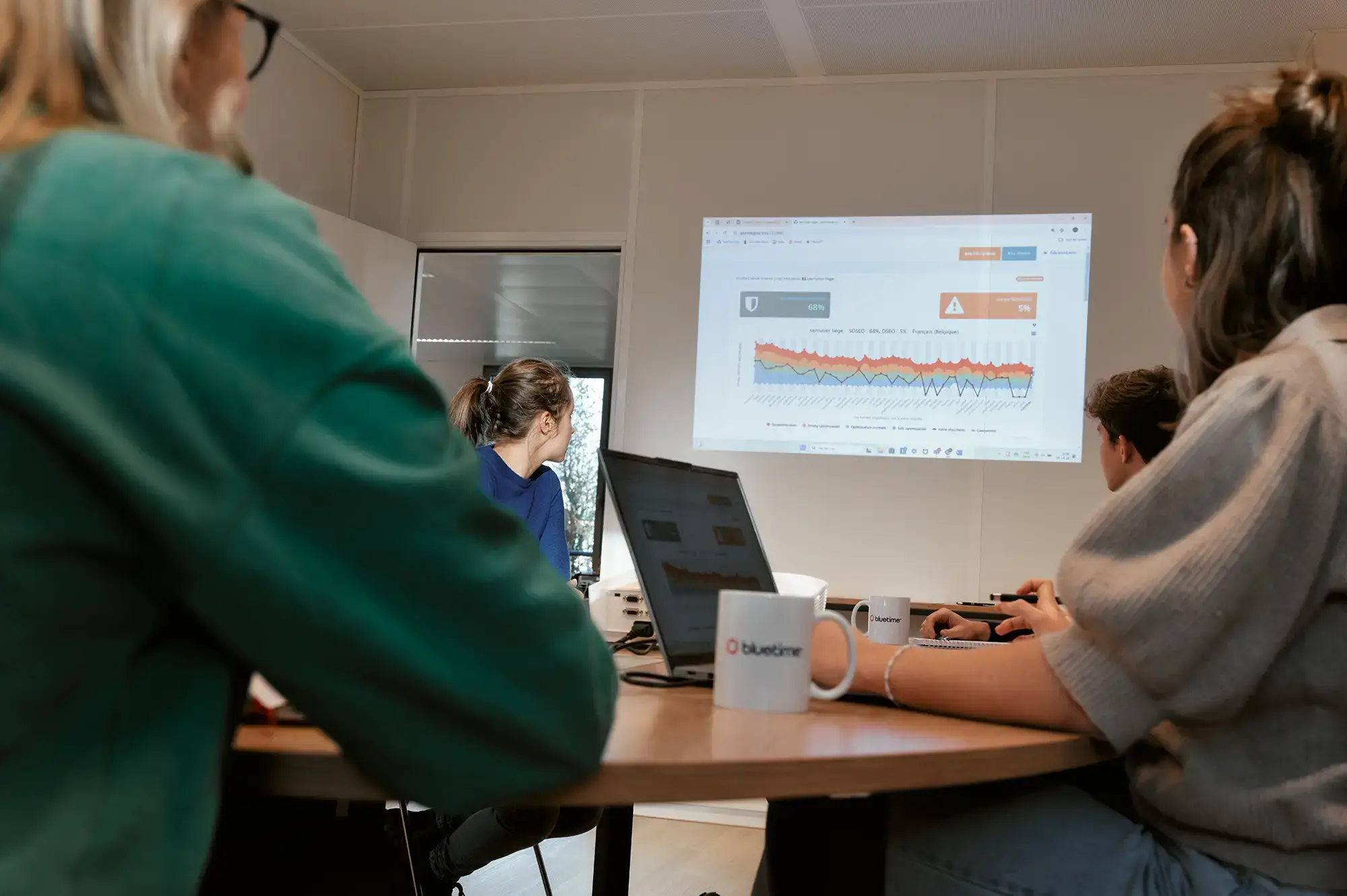 Réunion entre quatre experts SEO analysant un graphique