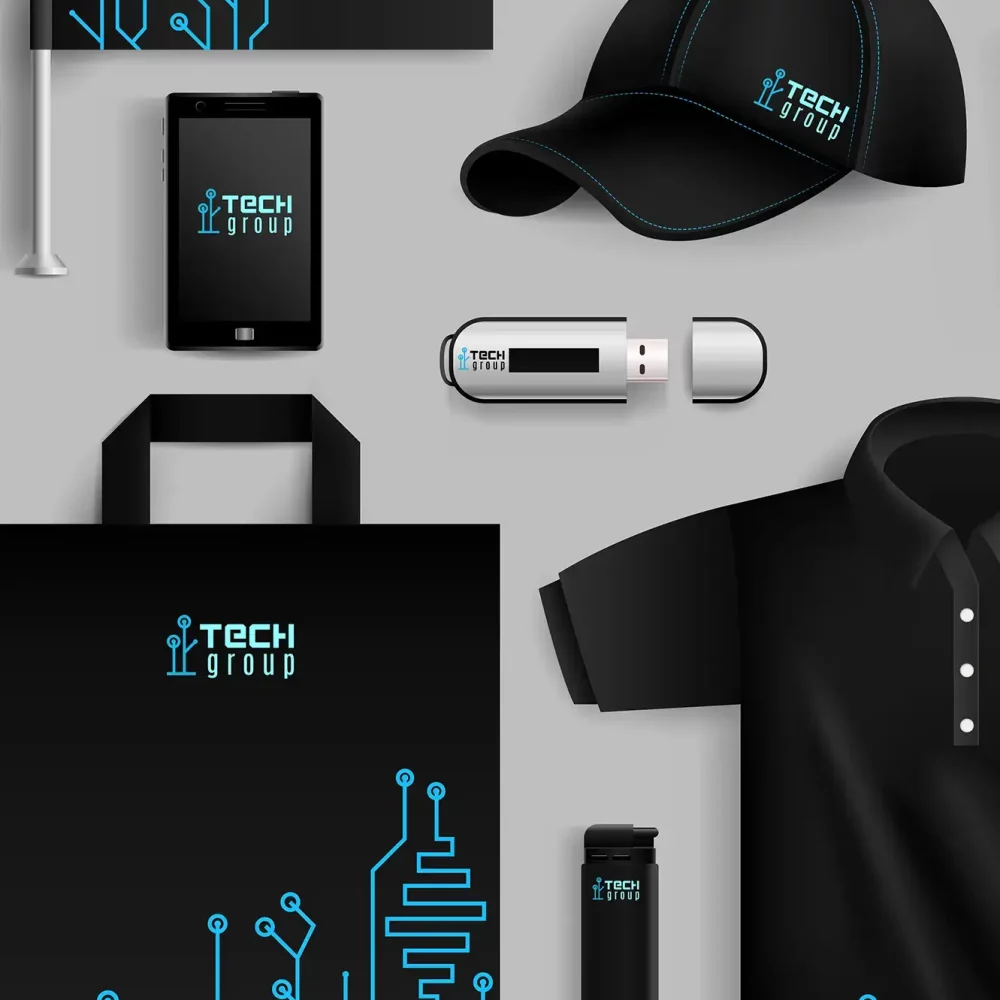 Objets promotionnels et supports de marque avec logo technologique bleu sur fond noir