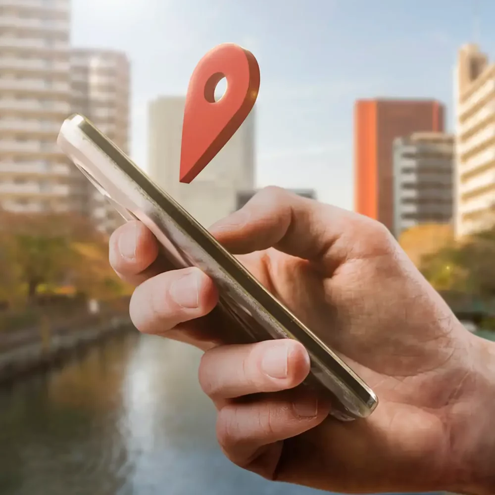 Une main tient un smartphone duquel sort une icône de géolocalisation, avec un paysage urbain et un canal en arrière-plan